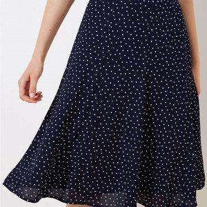 NWT Loft Midi Polka Dot Navy Blue with White Polka Dots Skirt. Size 8